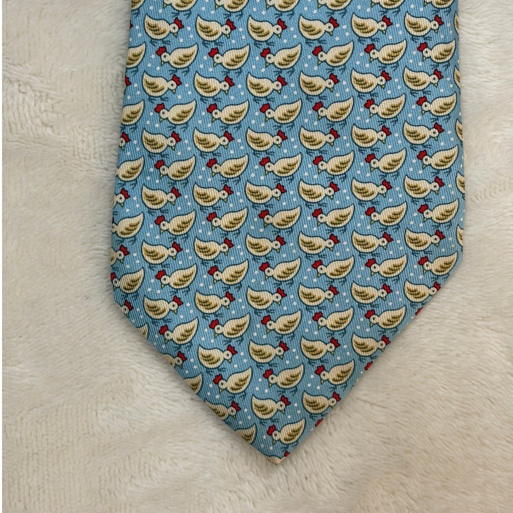 Hermes Blue Chick & Seed Silk Necktie Mens 3.5" Good